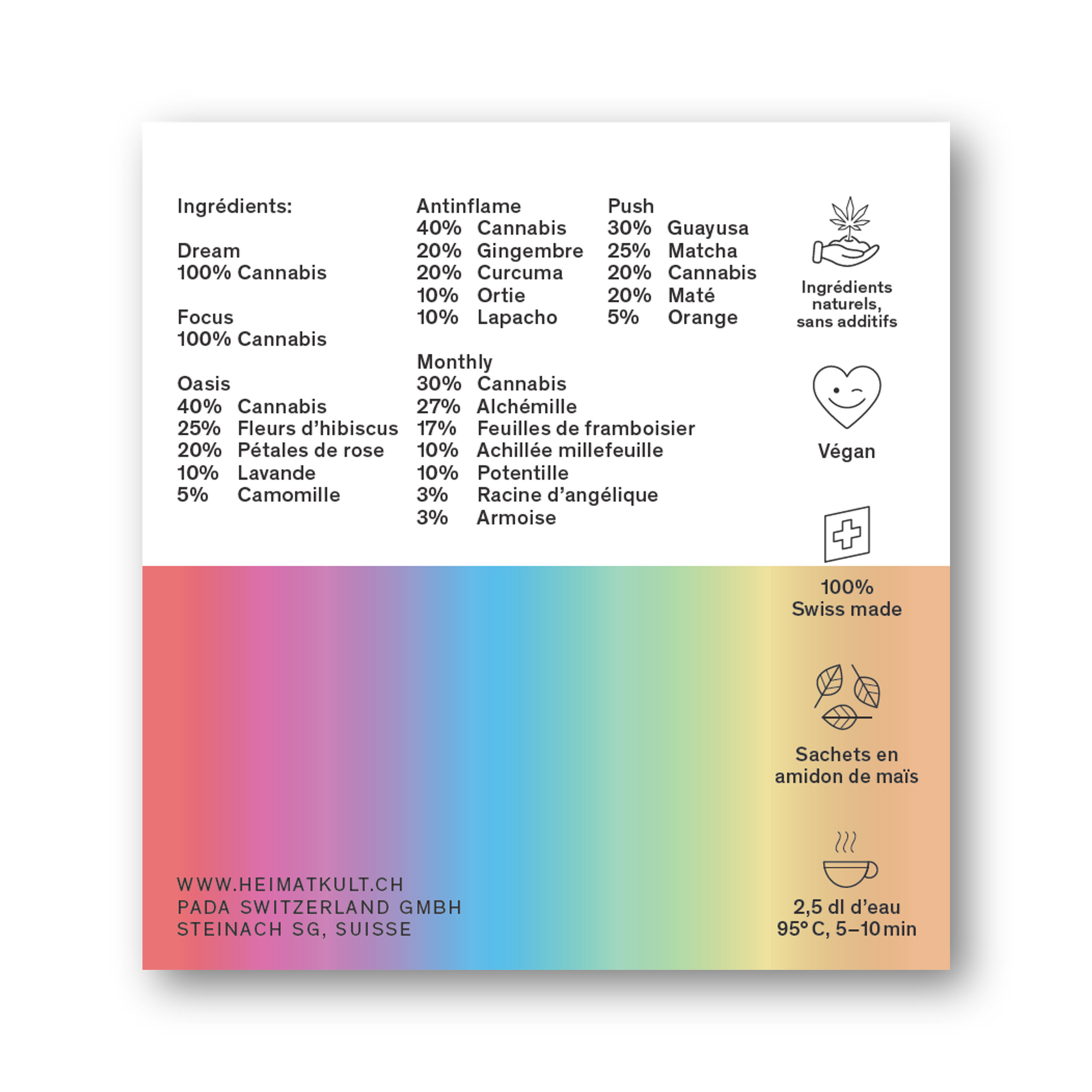 Zutatenübersicht der Heimat Hanftee-Kollektion mit sechs Sorten – natürlich, vegan, Swiss Made, in kompostierbaren Beuteln.