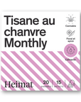 Verpackung des Hanftees „Monthly“ von Heimat: beruhigend, mit Cannabis, blumig-würziger Geschmack. 20 g, 15 Beutel.