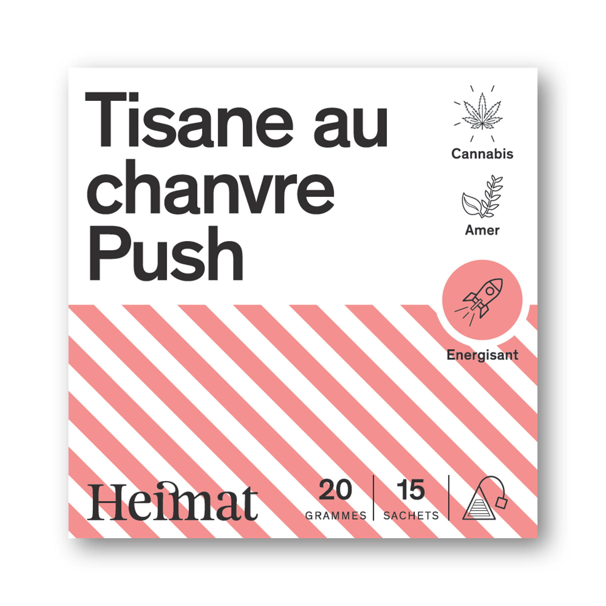 Confezione della Tisana alla canapa Push di Heimat, energizzante, dal gusto amaro. Contiene 20 g, 15 bustine. Con simbolo del razzo.
