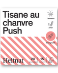 Verpackung des Hanftees „Push“ von Heimat, energetisierend, bitter im Geschmack. Enthält 20 g, 15 Teebeutel. Mit Raketen-Symbol.