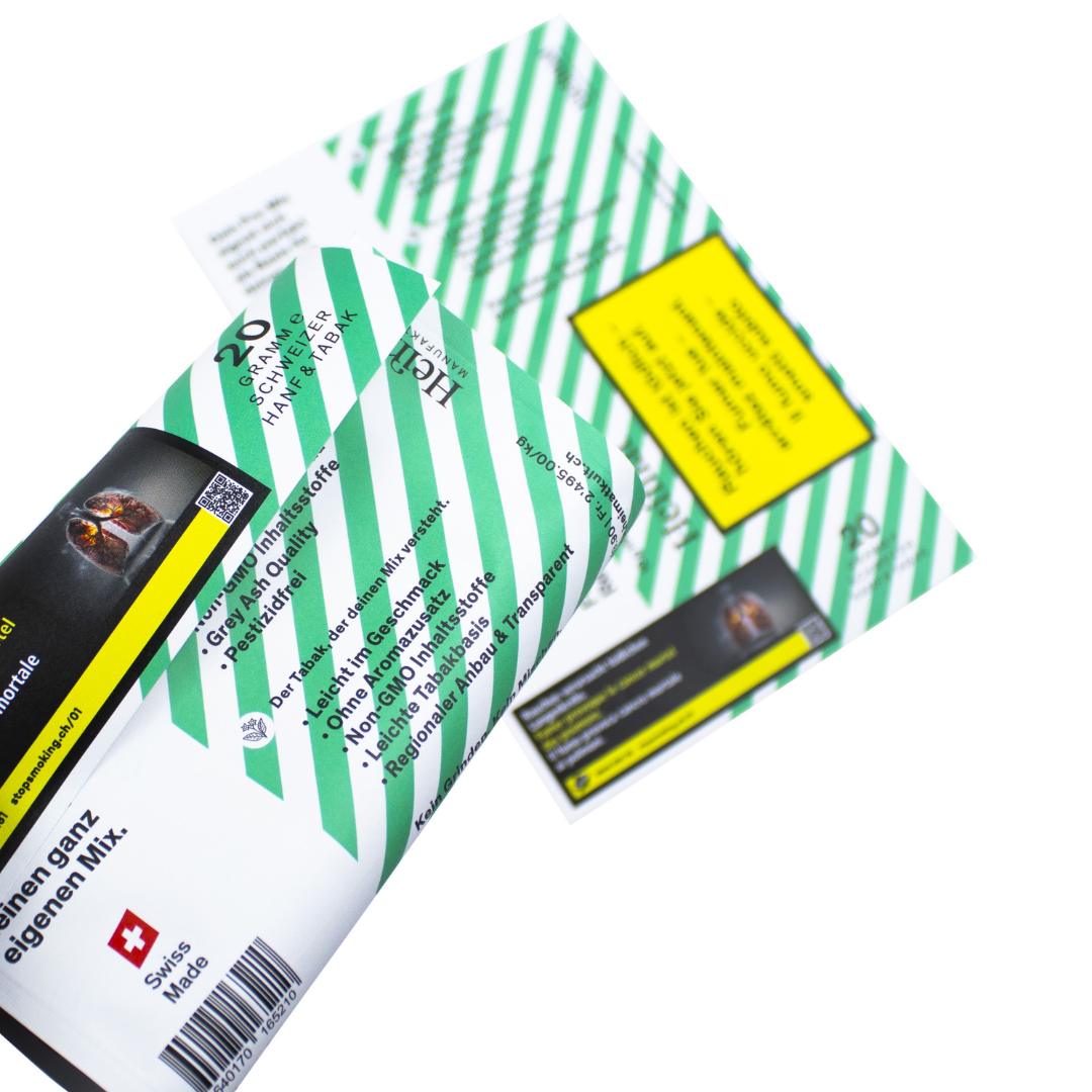 Heimat Hanf x Tabak Raw Ernst - Qualitätsmerkmale Hanf und Tabak, Swiss Made Badge