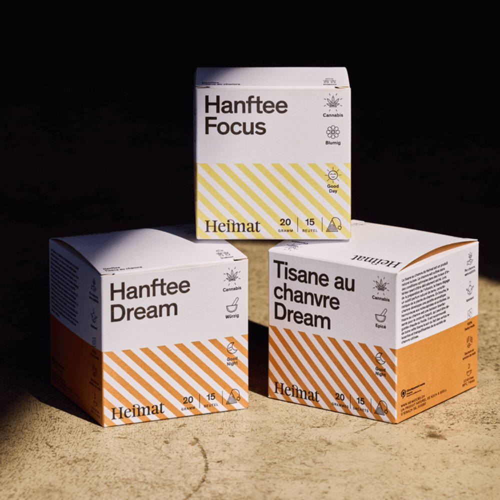 Drei Hanfteesorten von Heimat: Focus, Dream und Dream auf Französisch.